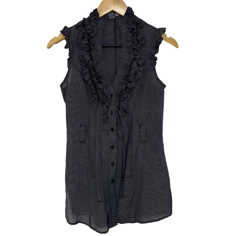 Poetry Clothing Black Pinstripe Ruffle Sleeveless Blouse Gothic Victorian Small